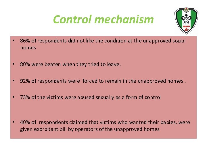 Control mechanism • 86% of respondents did not like the condition at the unapproved