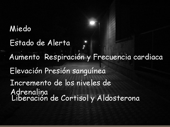 Miedo Estado de Alerta Aumento Respiración y Frecuencia cardiaca Elevación Presión sanguínea Incremento de