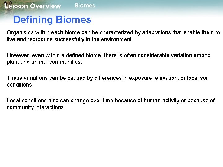 Lesson Overview Biomes Defining Biomes Organisms within each biome can be characterized by adaptations