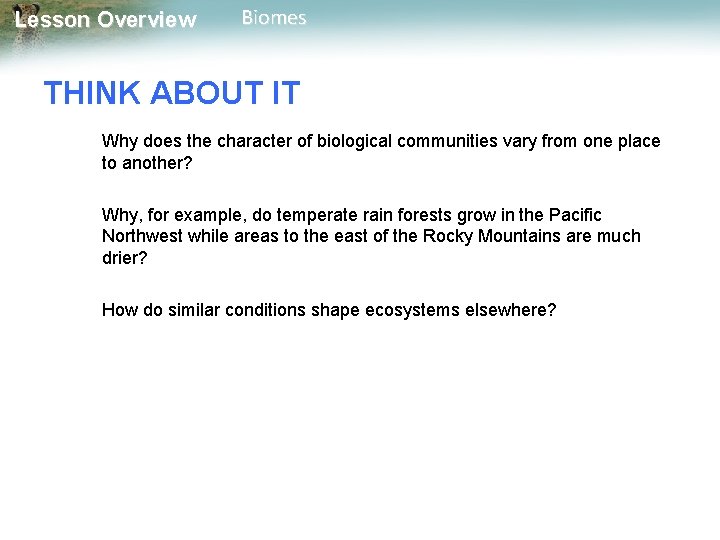 Lesson Overview Biomes THINK ABOUT IT Why does the character of biological communities vary