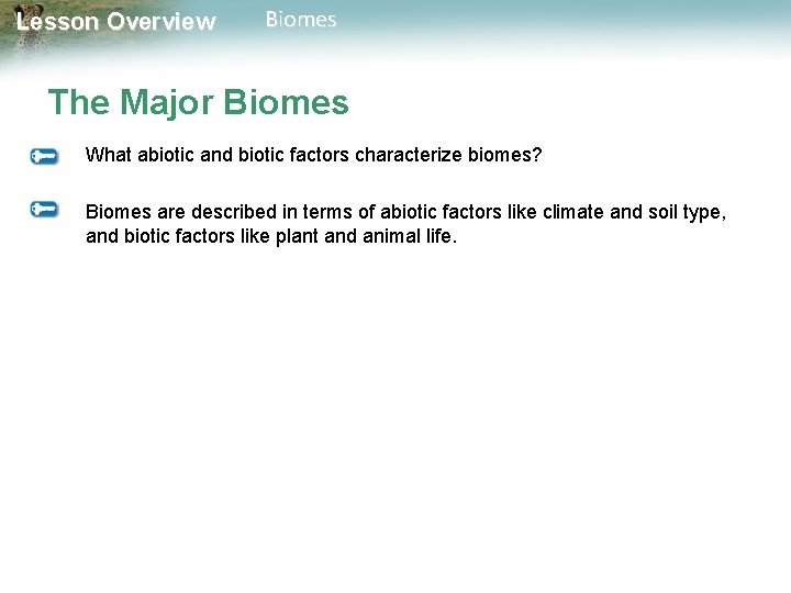 Lesson Overview Biomes The Major Biomes What abiotic and biotic factors characterize biomes? Biomes