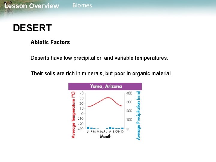 Lesson Overview Biomes DESERT Abiotic Factors Deserts have low precipitation and variable temperatures. Their