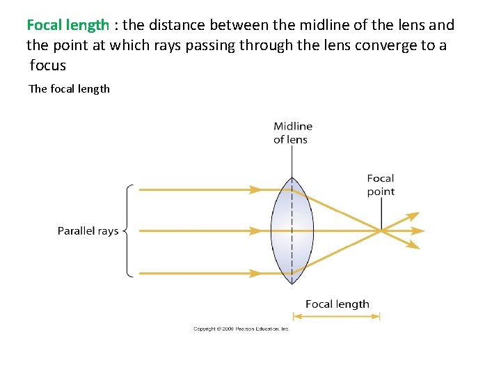 Focal length : the distance between the midline of the lens and the point