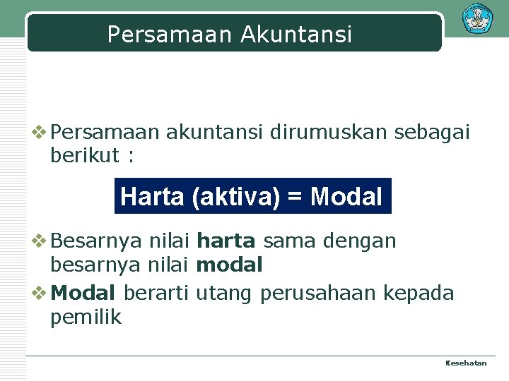 Persamaan Akuntansi v Persamaan akuntansi dirumuskan sebagai berikut : Harta (aktiva) = Modal v