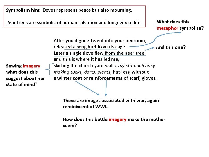 Symbolism hint: Doves represent peace but also mourning. Pear trees are symbolic of human