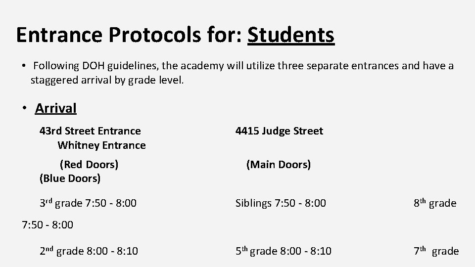 Entrance Protocols for: Students • Following DOH guidelines, the academy will utilize three separate