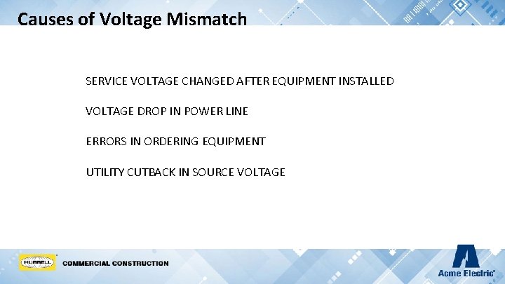 Causes of Voltage Mismatch SERVICE VOLTAGE CHANGED AFTER EQUIPMENT INSTALLED VOLTAGE DROP IN POWER