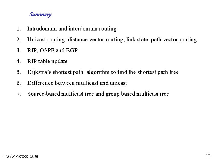 Summary 1. Intradomain and interdomain routing 2. Unicast routing: distance vector routing, link state,