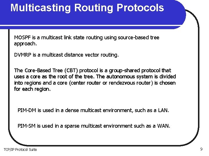 Multicasting Routing Protocols MOSPF is a multicast link state routing using source-based tree approach.