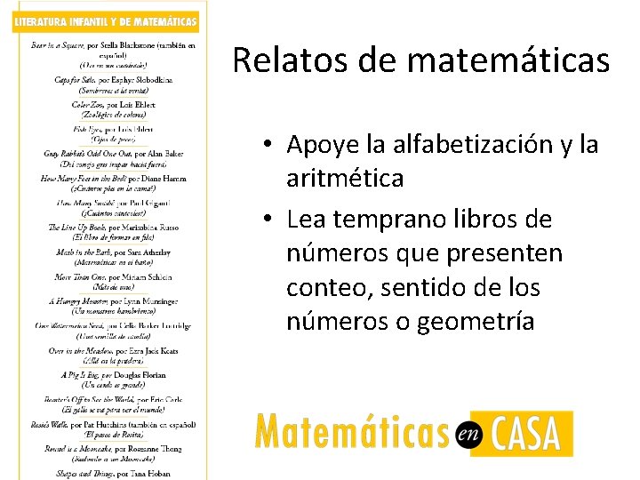 Relatos de matemáticas • Apoye la alfabetización y la aritmética • Lea temprano libros