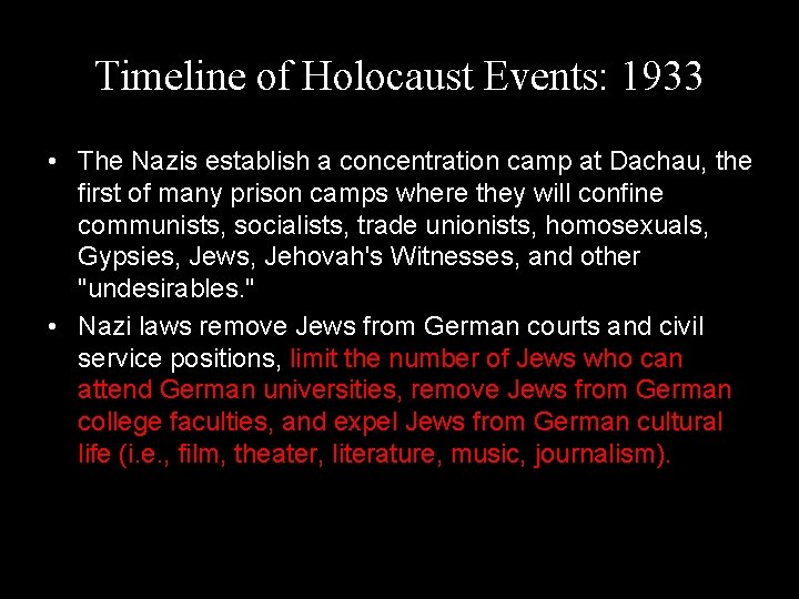Timeline of Holocaust Events: 1933 • The Nazis establish a concentration camp at Dachau,