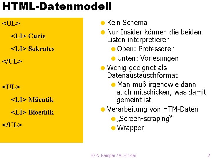 HTML-Datenmodell <UL> <LI> Curie <LI> Sokrates </UL> <LI> Mäeutik <LI> Bioethik </UL> = Kein