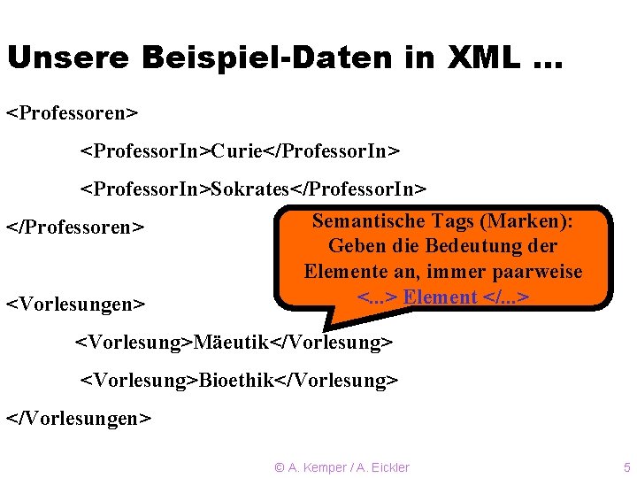Unsere Beispiel-Daten in XML. . . <Professoren> <Professor. In>Curie</Professor. In> <Professor. In>Sokrates</Professor. In> Semantische
