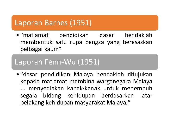 Laporan Barnes (1951) • "matlamat pendidikan dasar hendaklah membentuk satu rupa bangsa yang berasaskan