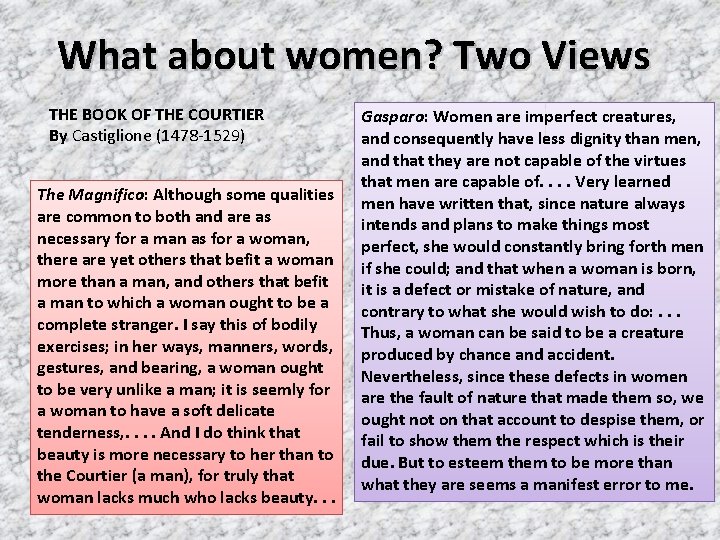 What about women? Two Views THE BOOK OF THE COURTIER By Castiglione (1478 -1529)