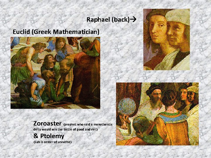 Raphael (back) Euclid (Greek Mathematician) Zoroaster (prophet who said a monotheistic deity would win