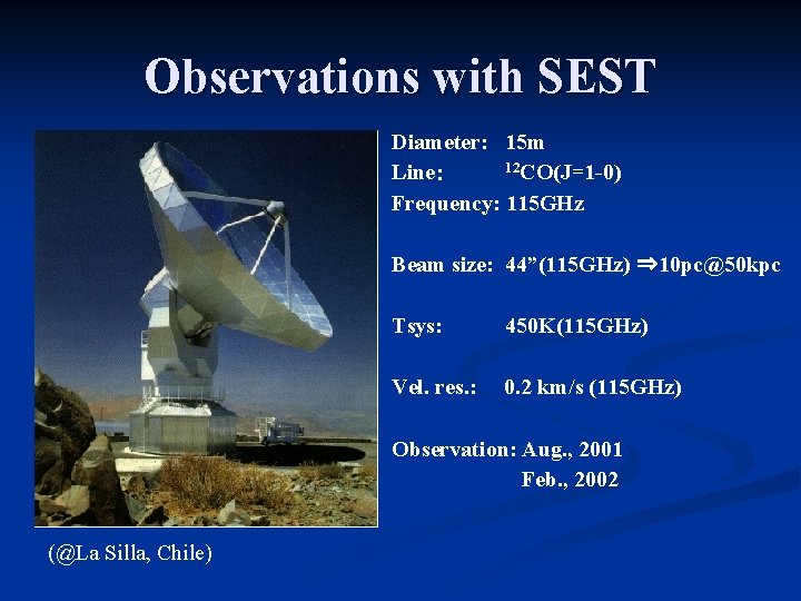 Observations with SEST Diameter: 15 m 12 CO(J=1 -0) Line： Frequency: 115 GHz Beam