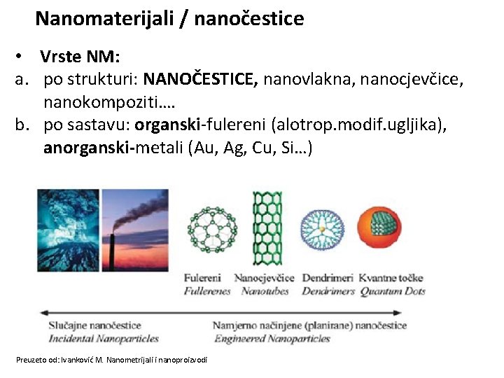 Nanomaterijali / nanočestice • Vrste NM: a. po strukturi: NANOČESTICE, nanovlakna, nanocjevčice, nanokompoziti…. b.