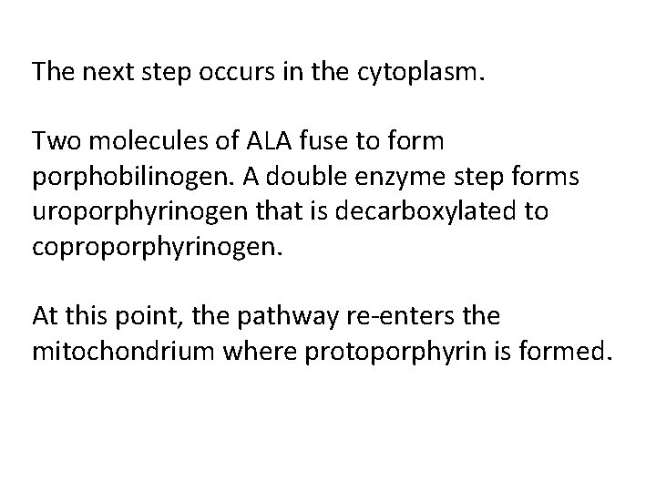 The next step occurs in the cytoplasm. Two molecules of ALA fuse to form