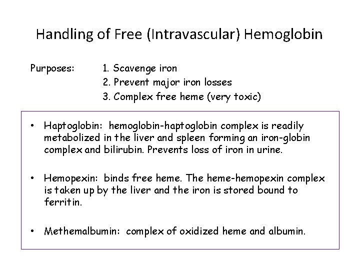 Handling of Free (Intravascular) Hemoglobin Purposes: 1. Scavenge iron 2. Prevent major iron losses