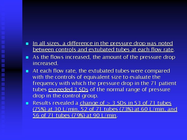 n n In all sizes, a difference in the pressure drop was noted between