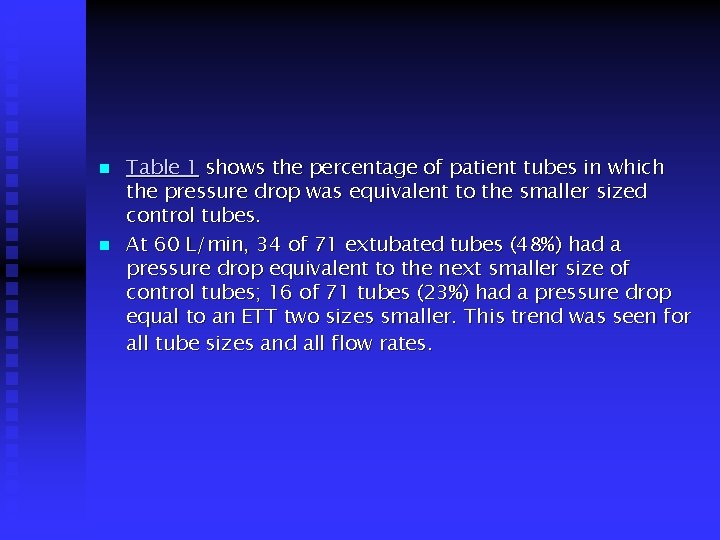 n n Table 1 shows the percentage of patient tubes in which the pressure