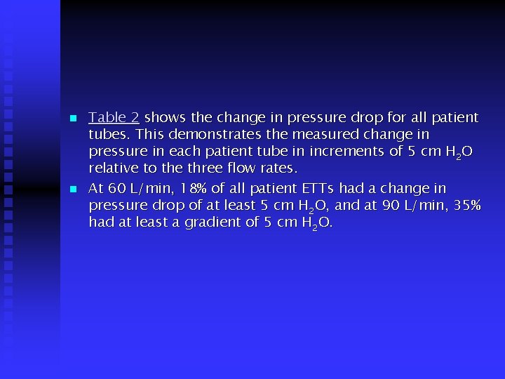 n n Table 2 shows the change in pressure drop for all patient tubes.