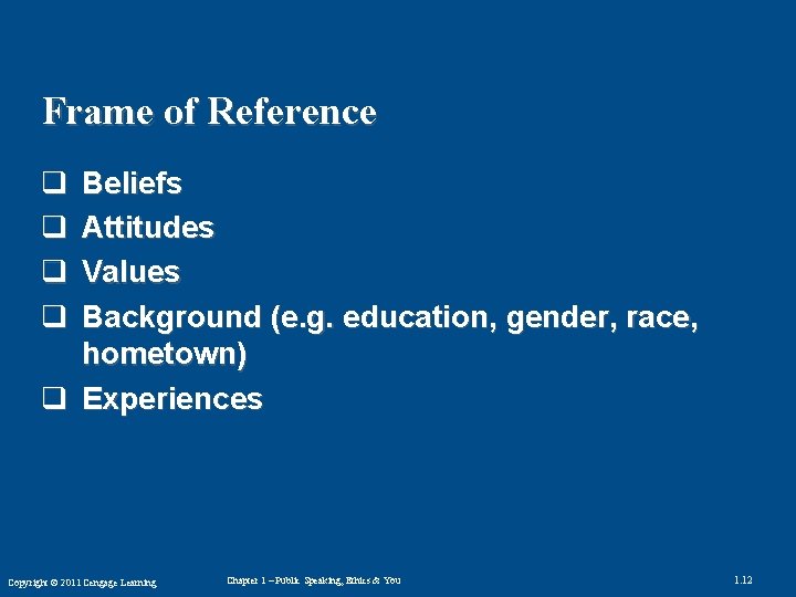 Frame of Reference q q Beliefs Attitudes Values Background (e. g. education, gender, race,