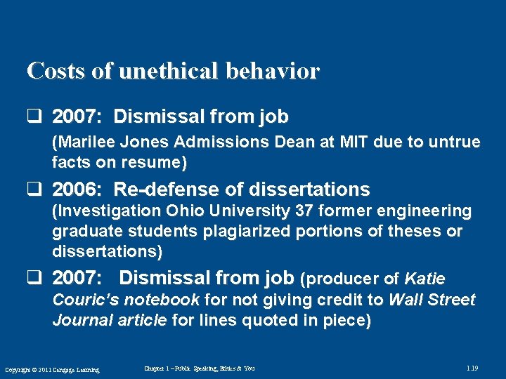 Costs of unethical behavior q 2007: Dismissal from job (Marilee Jones Admissions Dean at