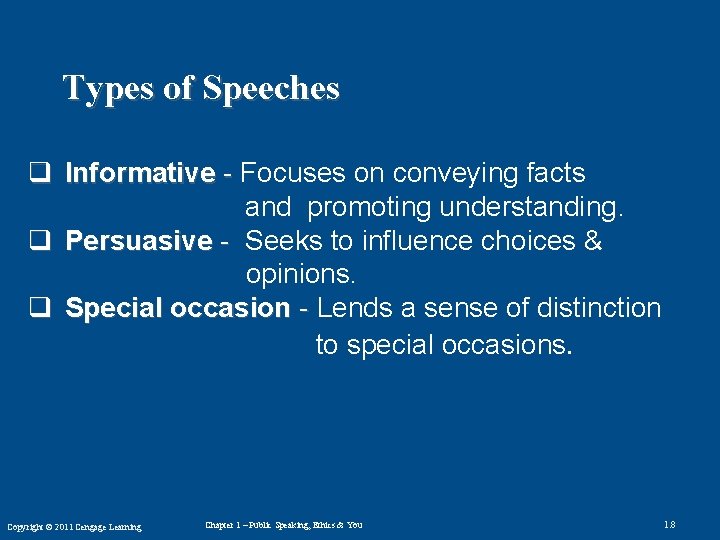 Types of Speeches q Informative - Focuses on conveying facts and promoting understanding. q