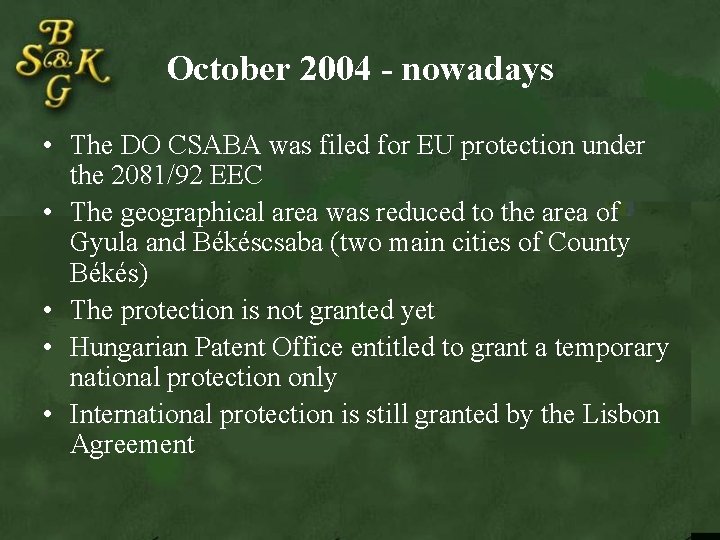 October 2004 - nowadays • The DO CSABA was filed for EU protection under