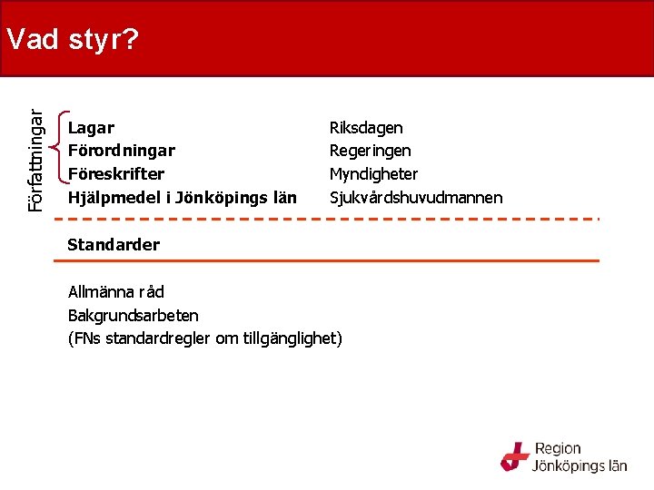 Författningar Vad styr? Lagar Förordningar Föreskrifter Hjälpmedel i Jönköpings län Riksdagen Regeringen Myndigheter Sjukvårdshuvudmannen