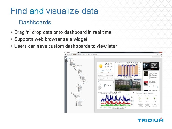 Find and visualize data Dashboards • Drag ‘n’ drop data onto dashboard in real