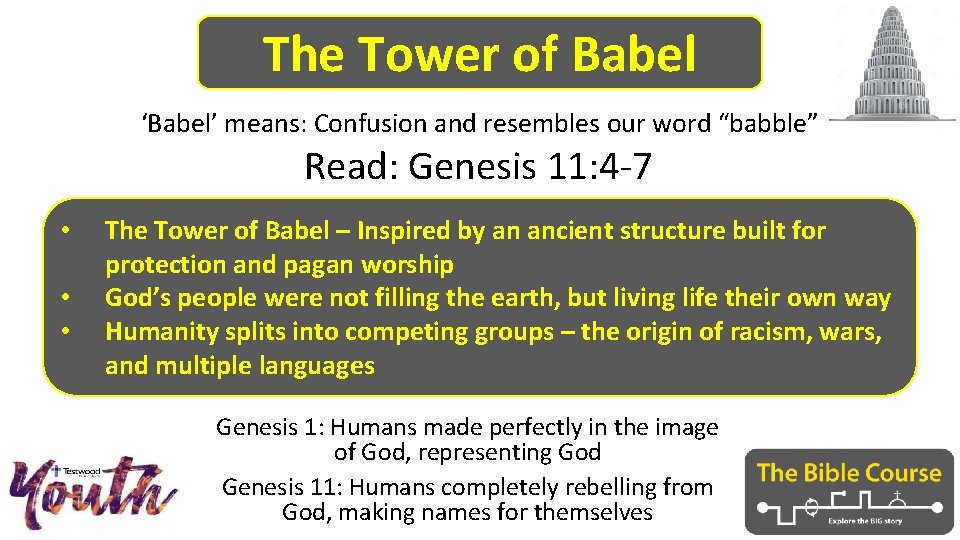 The Tower of Babel ‘Babel’ means: Confusion and resembles our word “babble” Read: Genesis