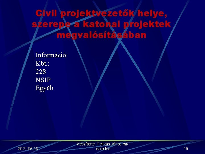 Civil projektvezetők helye, szerepe a katonai projektek megvalósításában Információ: Kbt. : 228 NSIP Egyéb