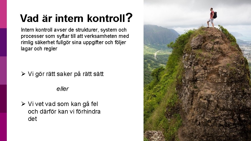 Vad är intern kontroll? Intern kontroll avser de strukturer, system och processer som syftar