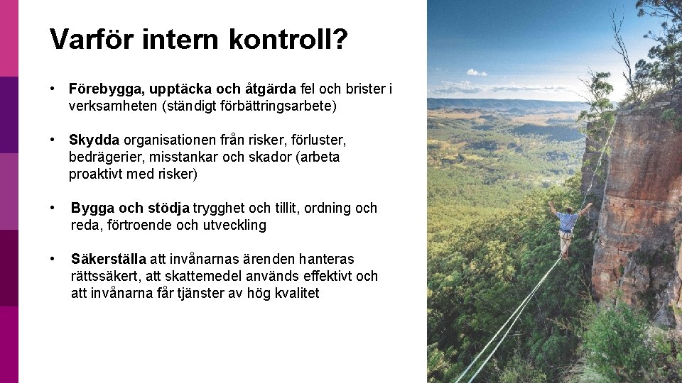 Varför intern kontroll? • Förebygga, upptäcka och åtgärda fel och brister i verksamheten (ständigt