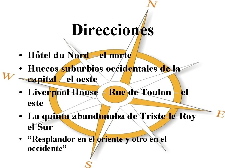 Direcciones • Hôtel du Nord – el norte • Huecos suburbios occidentales de la