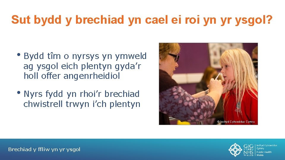 Sut bydd y brechiad yn cael ei roi yn yr ysgol? • Bydd tîm