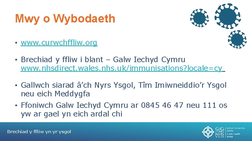 Mwy o Wybodaeth • www. curwchffliw. org • Brechiad y ffliw i blant –