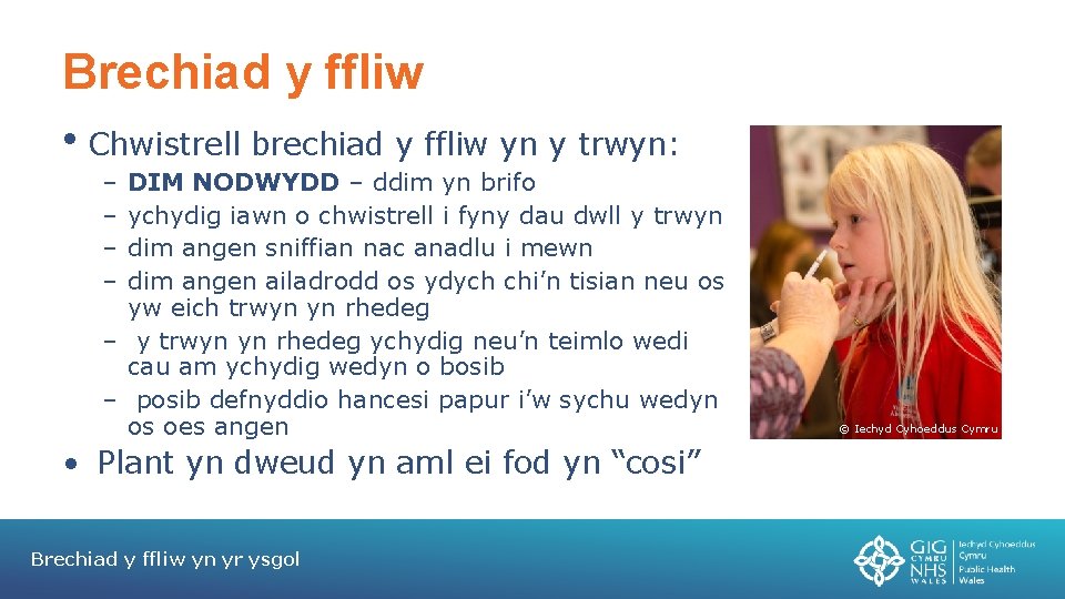 Brechiad y ffliw • Chwistrell brechiad y ffliw yn y trwyn: – – DIM