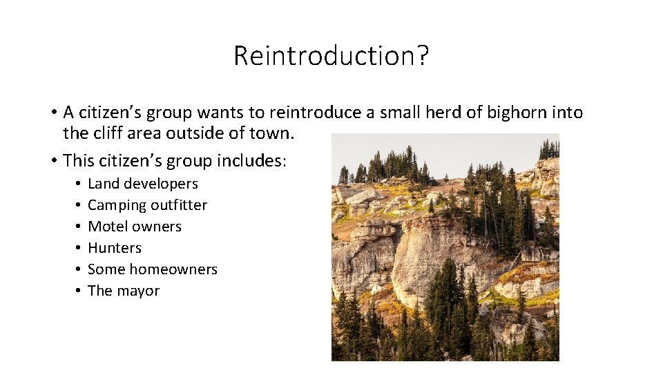 Reintroduction? • A citizen’s group wants to reintroduce a small herd of bighorn into Reintroduction? • A citizen’s group wants to reintroduce a small herd of bighorn into
