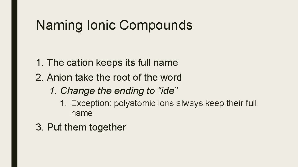 Naming Ionic Compounds 1. The cation keeps its full name 2. Anion take the
