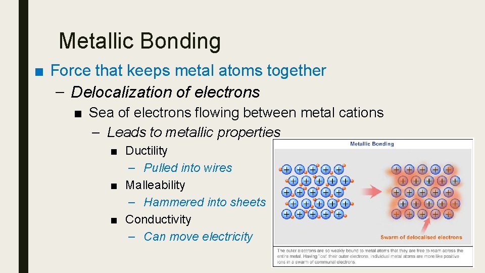 Metallic Bonding ■ Force that keeps metal atoms together – Delocalization of electrons ■