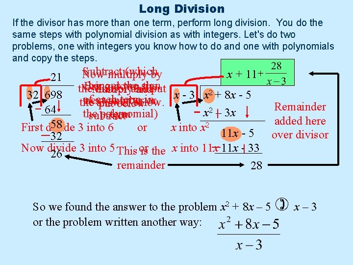Long Division If the divisor has more than one term, perform long division. You