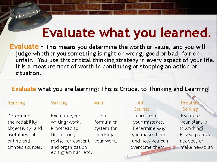 Evaluate what you learned. Evaluate - This means you determine the worth or value,