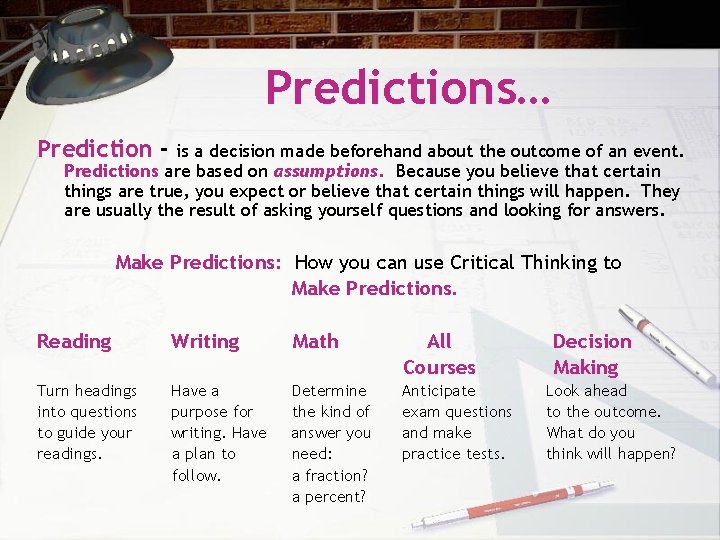 Predictions… Prediction - is a decision made beforehand about the outcome of an event.