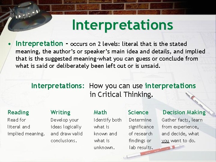 Interpretations • Intrepretation - occurs on 2 levels: literal that is the stated meaning,