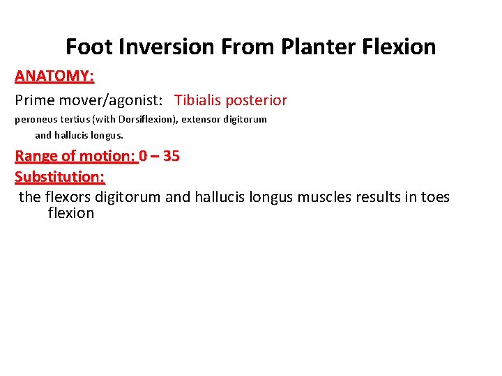 Foot Inversion From Planter Flexion ANATOMY: Prime mover/agonist: Tibialis posterior peroneus tertius (with Dorsiflexion),