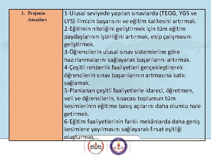 1. Projenin Amaçları 1 -Ulusal seviyede yapılan sınavlarda (TEOG, YGS ve LYS) ilimizin başarısını